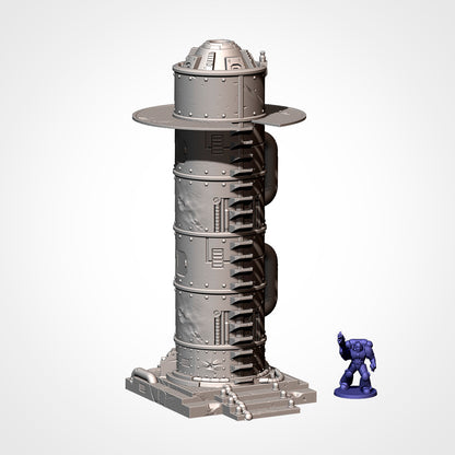 Industrial Sector assembled tower beside a 32mm miniature, sci-fi terrain.