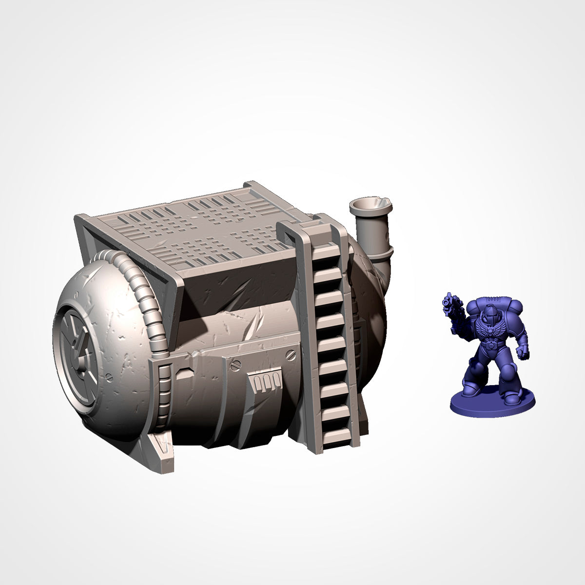 Industrial Sector storage tank beside a 32mm miniature, sci-fi terrain.