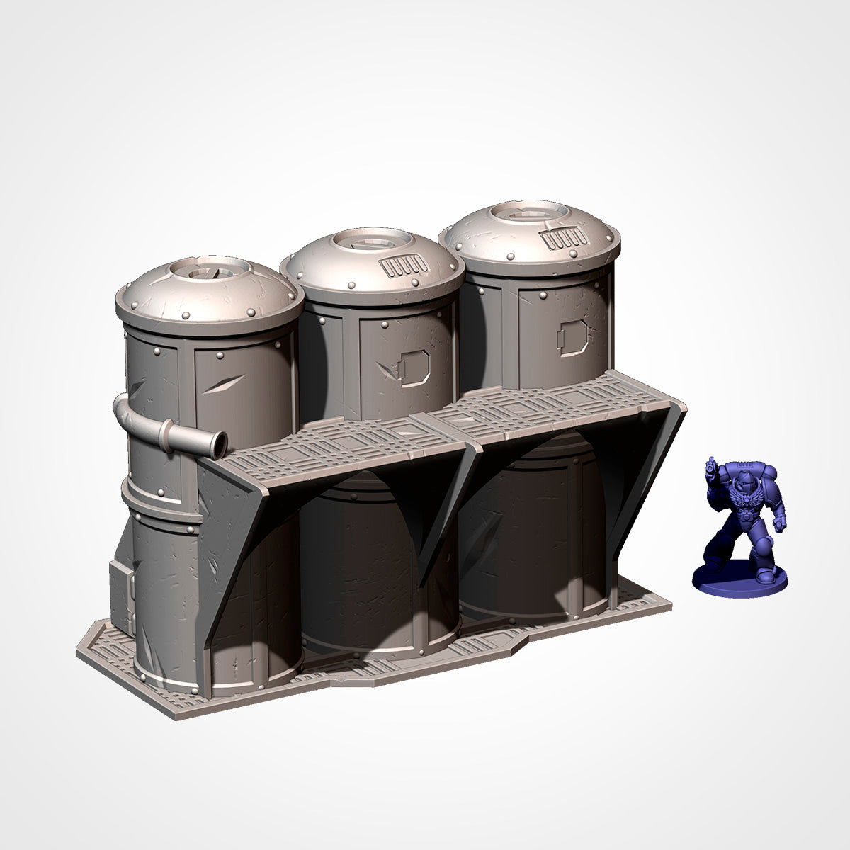 Industrial Sector silo bank beside a 32mm miniature, sci-fi terrain.