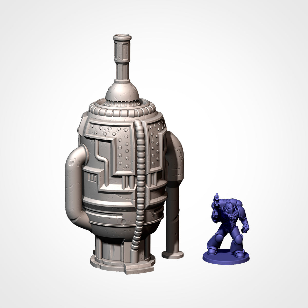 Industrial Sector vent stack beside a 32mm miniature, sci-fi terrain.