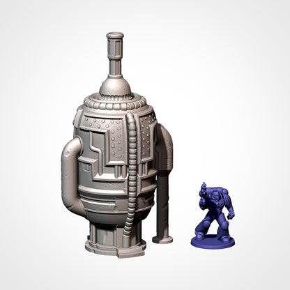 Industrial Sector vent stack beside a 32mm miniature, sci-fi terrain.
