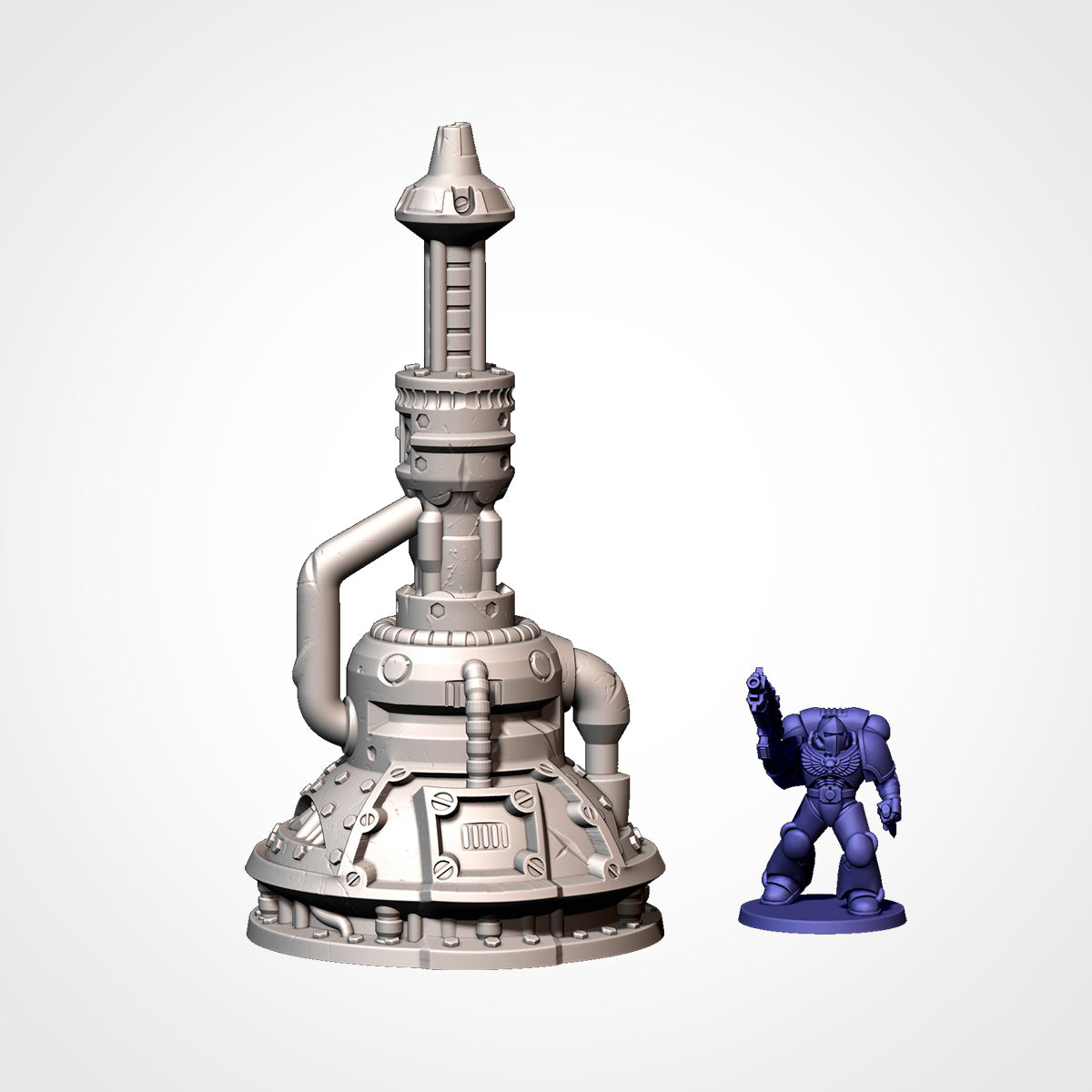 Industrial Sector antenna spire beside a 32mm miniature, sci-fi terrain.