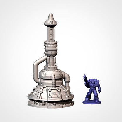 Industrial Sector antenna spire beside a 32mm miniature, sci-fi terrain.