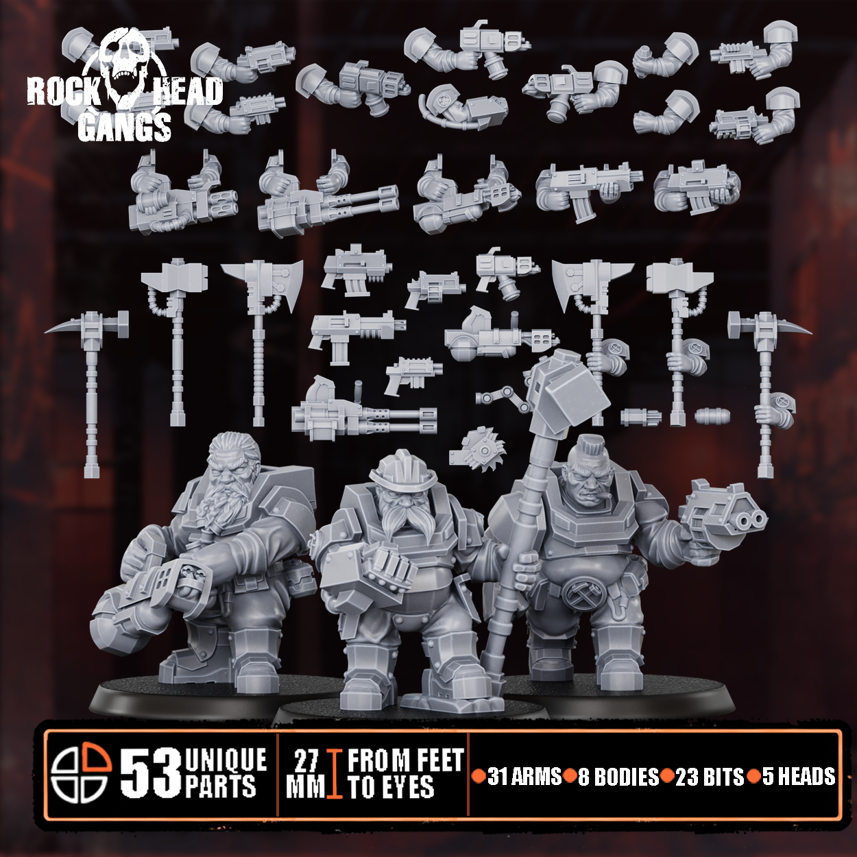 Black Mountain Diggers build kit: full bits range with three assembled sci-fi dwarf miners, 53 parts