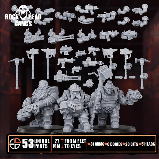 Black Mountain Diggers build kit: full bits range with three assembled sci-fi dwarf miners, 53 parts