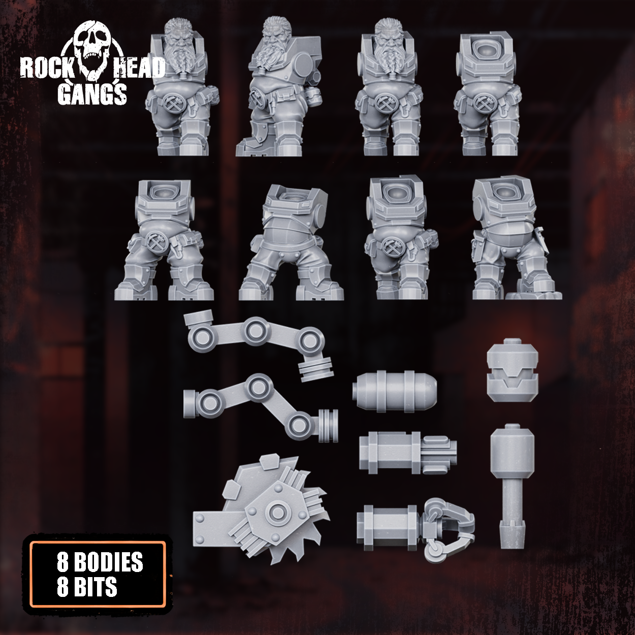 Black Mountain Diggers Gang build-kit bodies and bits, sci-fi dwarf miner conversion parts