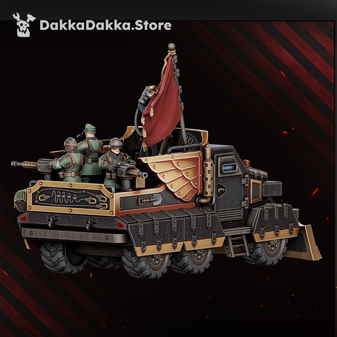 Dinofelis WTV D-89 command transport, rear three-quarter view with Kommissar Graber, the stubber gunners and the command flag in the open bay, sci-fi resin vehicle kit, Dakka Dakka Store render