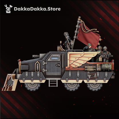 Dinofelis WTV D-89 side profile with the dozer ram, winged crest panel, roof gatling cannon and the 32mm crew standing in the bay for size reference, Dakka Dakka Store render