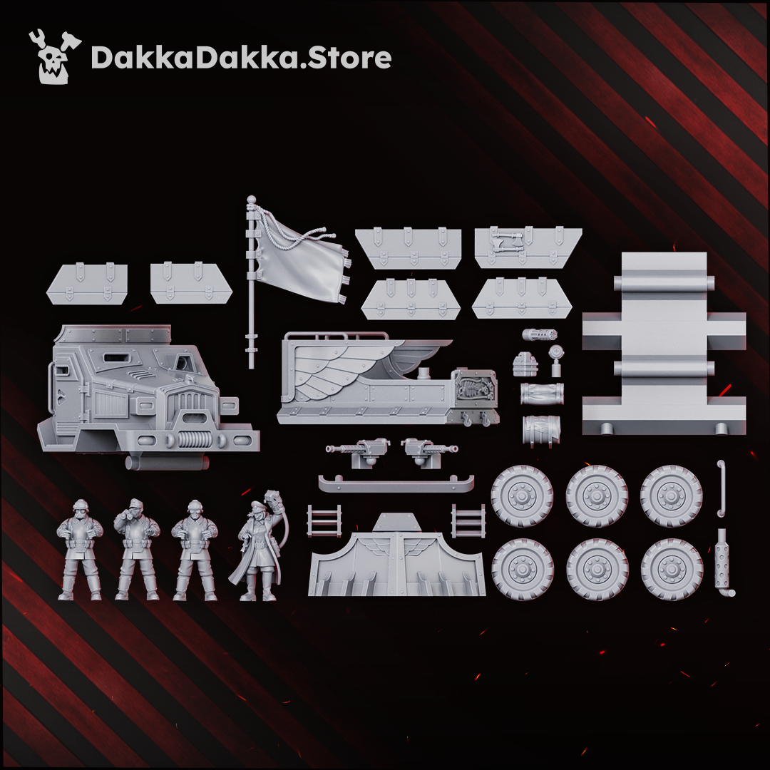 Dinofelis WTV D-89 parts layout: cab, hull, body sections, six wheels, ram, ladders, stubbers, shield plates, flag, stowage and the four crew figures, Dakka Dakka Store render