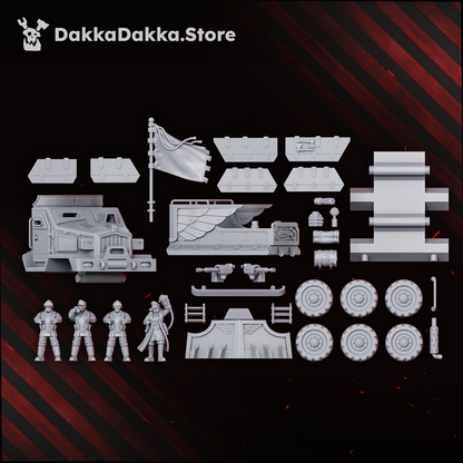 Dinofelis WTV D-89 parts layout: cab, hull, body sections, six wheels, ram, ladders, stubbers, shield plates, flag, stowage and the four crew figures, Dakka Dakka Store render
