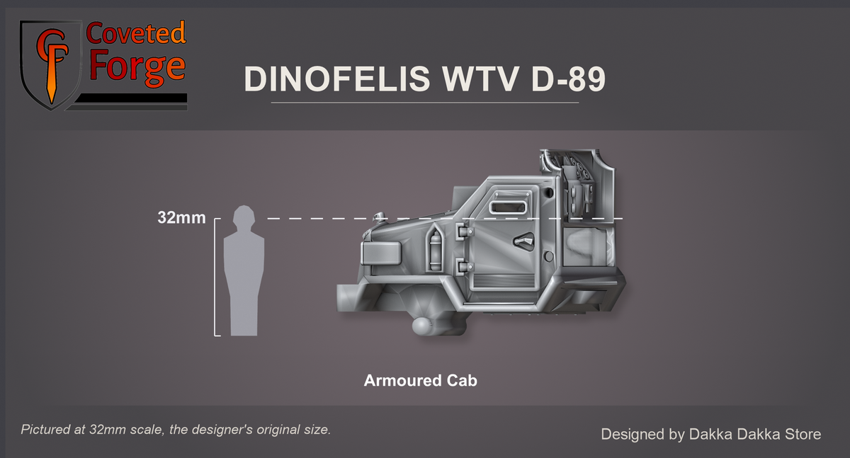 Coveted Forge scale reference: the Dinofelis WTV D-89 armoured cab, side three-quarter view, beside a 32mm human silhouette to show size