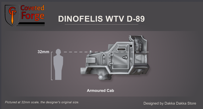 Coveted Forge scale reference: the Dinofelis WTV D-89 armoured cab, side three-quarter view, beside a 32mm human silhouette to show size