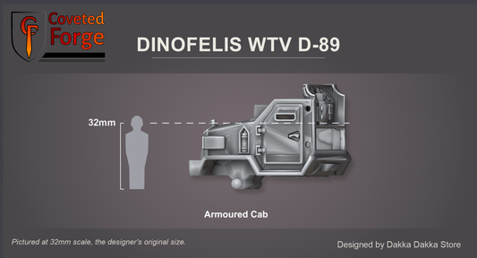 Coveted Forge scale reference: the Dinofelis WTV D-89 armoured cab, side three-quarter view, beside a 32mm human silhouette to show size