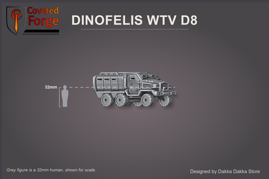 Render of Dinofelis WTV D8 6x6 Armoured Transport | 32mm Sci-Fi Resin Vehicle: assembled six-wheeled armoured transport shown beside a 32mm human for scale.