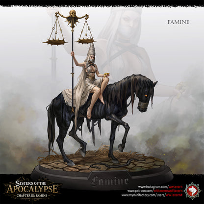 Painted concept art of Famine, a veiled rider on a black horse, White Werewolf Tavern Sisters of the Apocalypse.