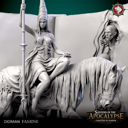 The Famine diorama, three-quarter view of the mounted rider and horse beside the open Eternal Tome book, grey resin render.