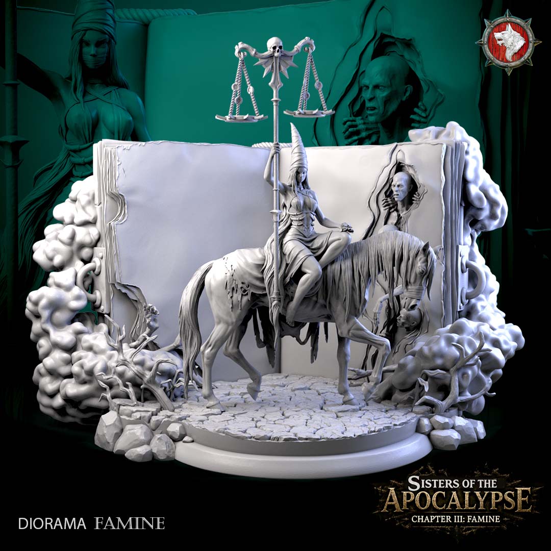 Famine and the Eternal Tome diorama, full assembled display: the veiled mounted rider on a black horse before the open Eternal Tome on its scenic base, grey resin 3D render by White Werewolf Tavern.