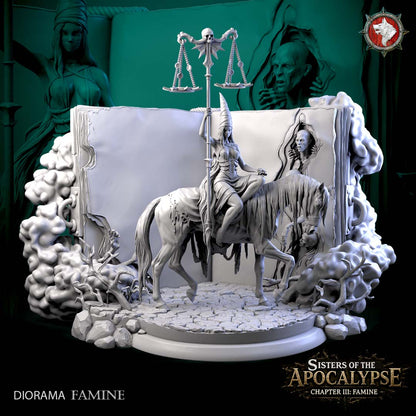 Famine and the Eternal Tome diorama, full assembled display: the veiled mounted rider on a black horse before the open Eternal Tome on its scenic base, grey resin 3D render by White Werewolf Tavern.
