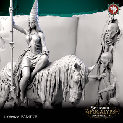 Detail of the Famine diorama: the veiled rider holding the skull balance standard on the black horse.