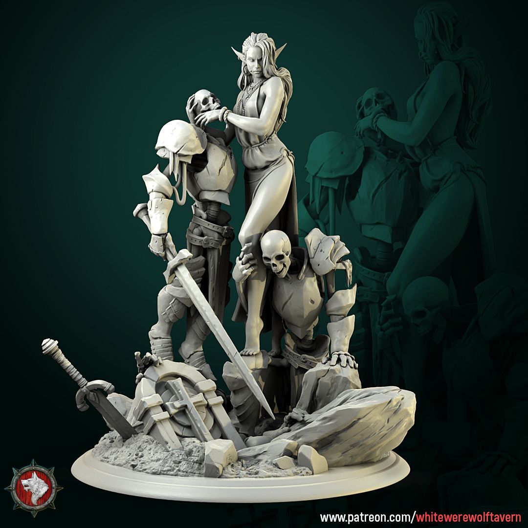 Render of Laedria the Necromancer Diorama | Dark Fantasy Display Centerpiece: An elf necromancer raising two armored skeleton warriors from a ruined graveyard, by White Werewolf Tavern. 3D printed resin display diorama.