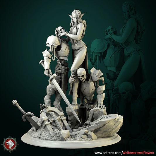 Render of Laedria the Necromancer Diorama | Dark Fantasy Display Centerpiece: An elf necromancer raising two armored skeleton warriors from a ruined graveyard, by White Werewolf Tavern. 3D printed resin display diorama.