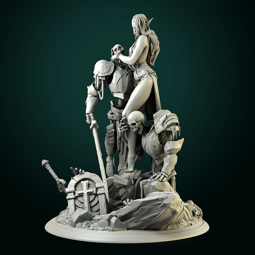 Render of Laedria the Necromancer Diorama | Dark Fantasy Display Centerpiece: An elf necromancer raising two armored skeleton warriors from a ruined graveyard, by White Werewolf Tavern. 3D printed resin display diorama.