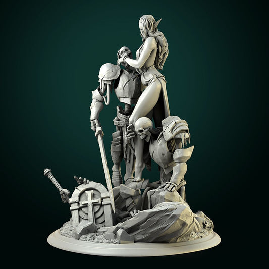Render of Laedria the Necromancer Diorama | Dark Fantasy Display Centerpiece: An elf necromancer raising two armored skeleton warriors from a ruined graveyard, by White Werewolf Tavern. 3D printed resin display diorama.