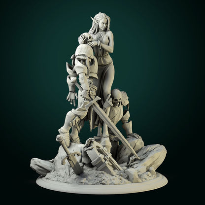 Render of Laedria the Necromancer Diorama | Dark Fantasy Display Centerpiece: An elf necromancer raising two armored skeleton warriors from a ruined graveyard, by White Werewolf Tavern. 3D printed resin display diorama.