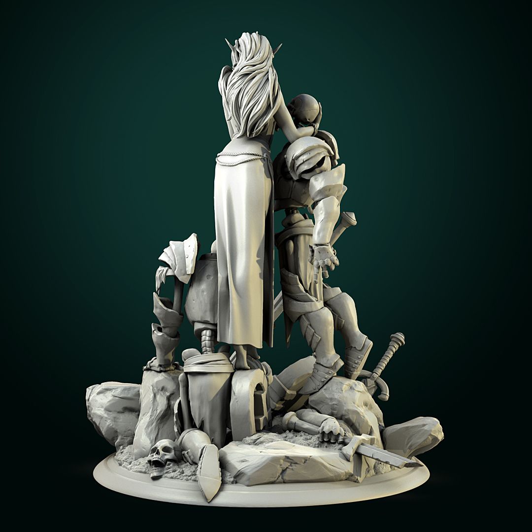 Render of Laedria the Necromancer Diorama | Dark Fantasy Display Centerpiece: An elf necromancer raising two armored skeleton warriors from a ruined graveyard, by White Werewolf Tavern. 3D printed resin display diorama.