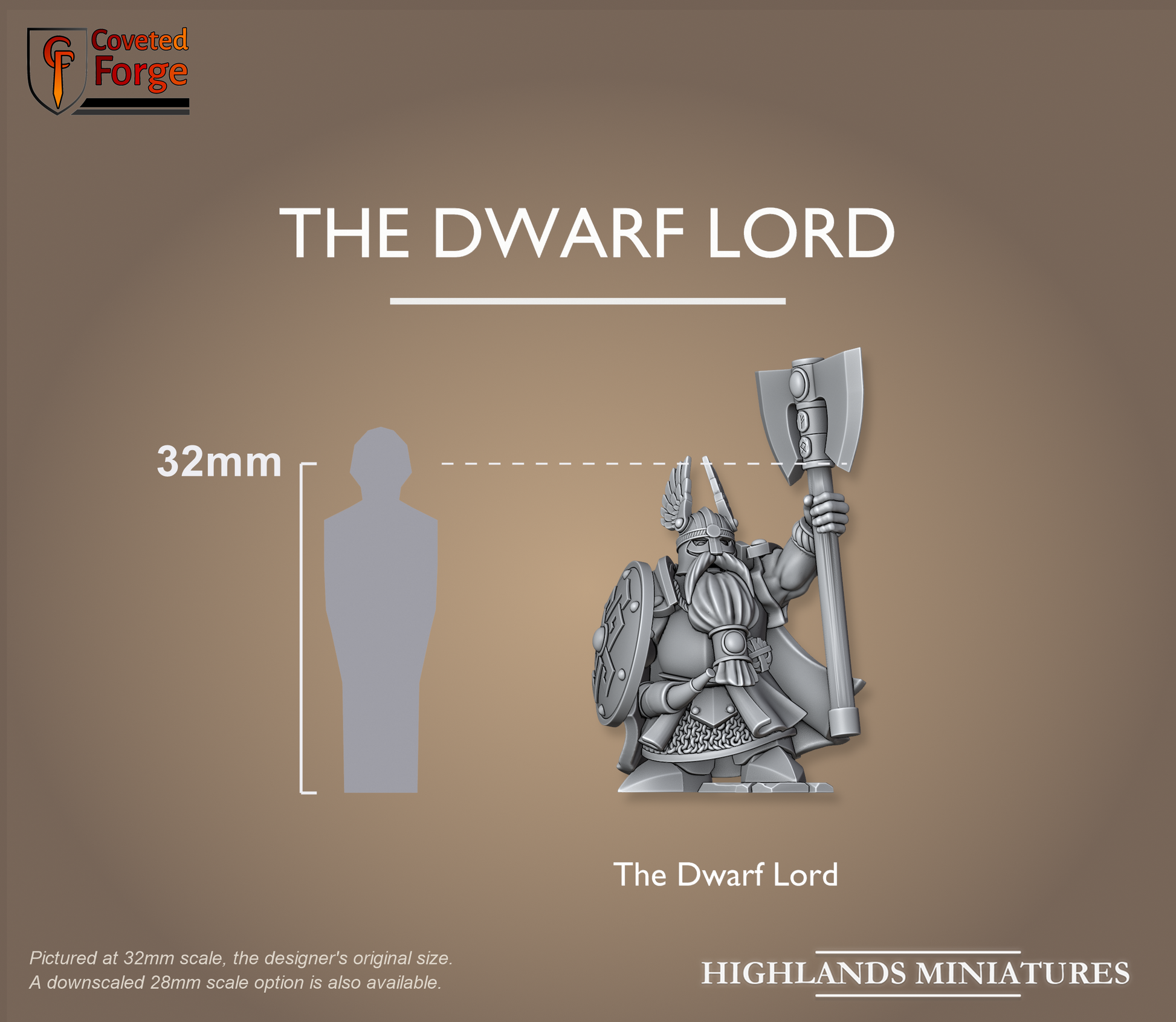 The Dwarf Lord with axe beside a 32mm human silhouette for scale, scale note