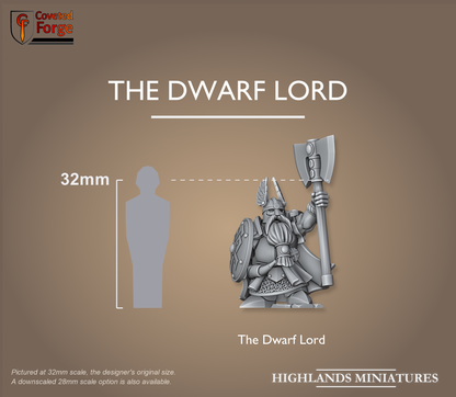 The Dwarf Lord with axe beside a 32mm human silhouette for scale, scale note