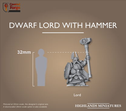 The Dwarf Lord with warhammer beside a 32mm human silhouette for scale, scale note