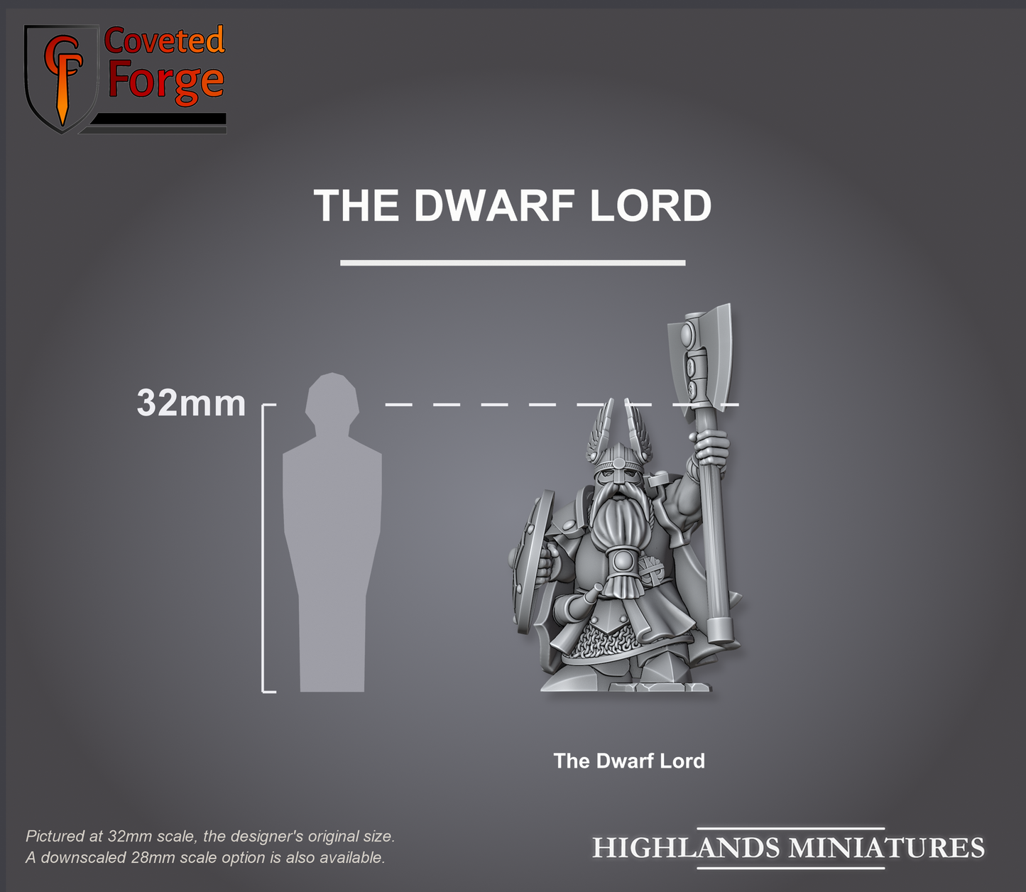The Dwarf Lord size compared to a 32mm human, shown for scale