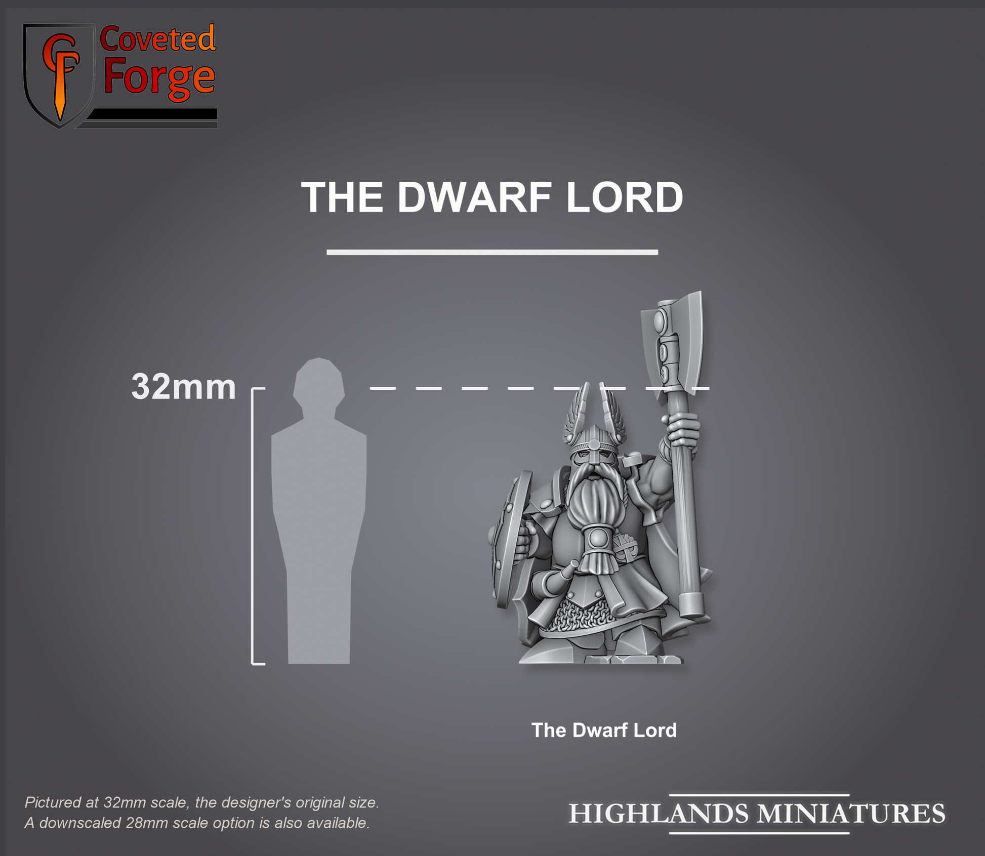 The Dwarf Lord size compared to a 32mm human, shown for scale