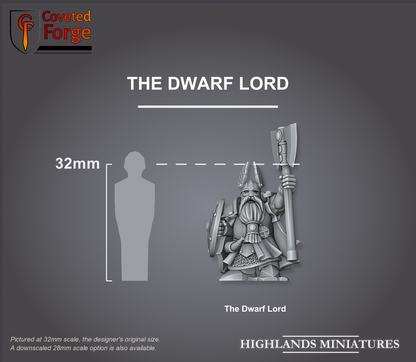 The Dwarf Lord size compared to a 32mm human, shown for scale