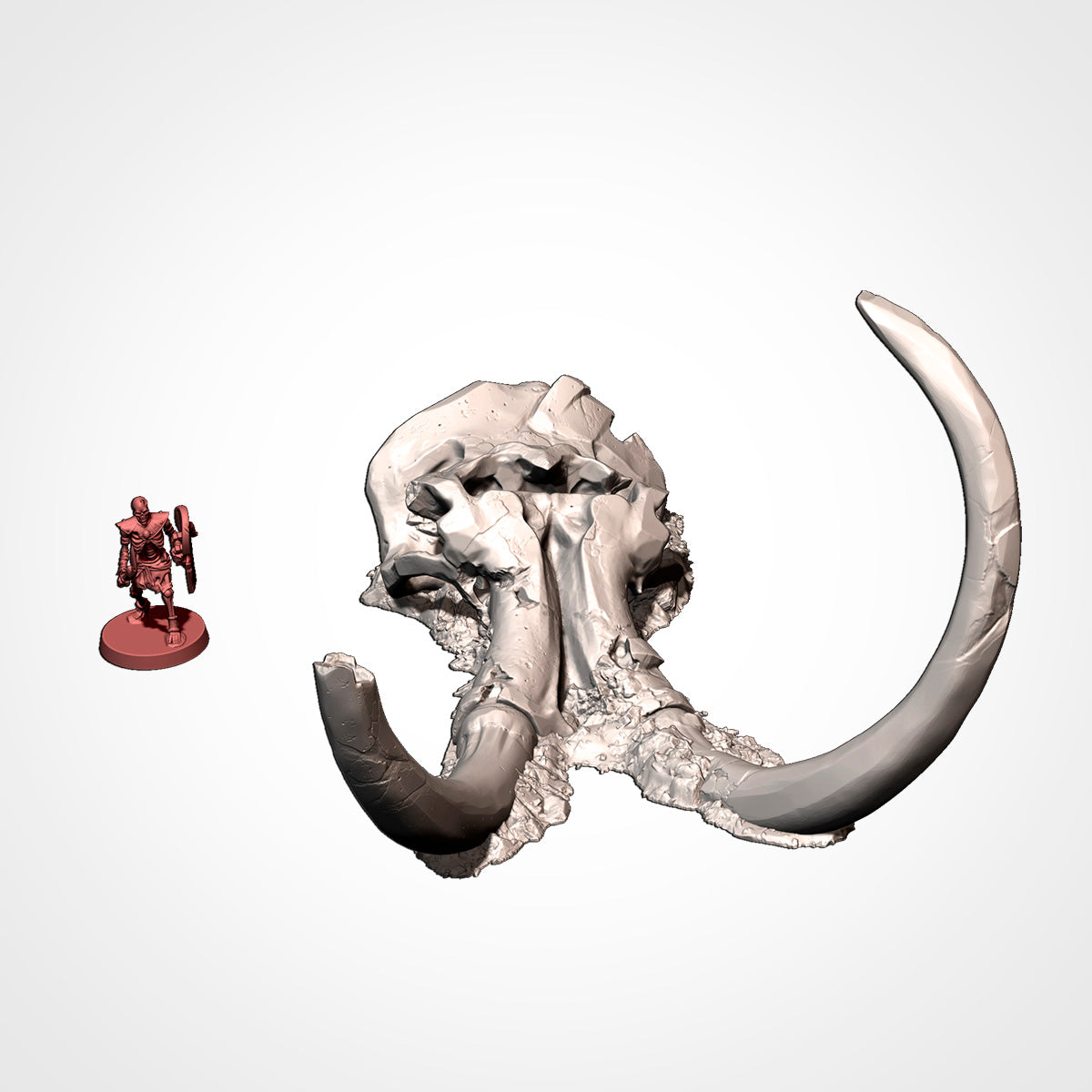 Dead giant mammoth skull beside a 32mm miniature, scatter terrain.