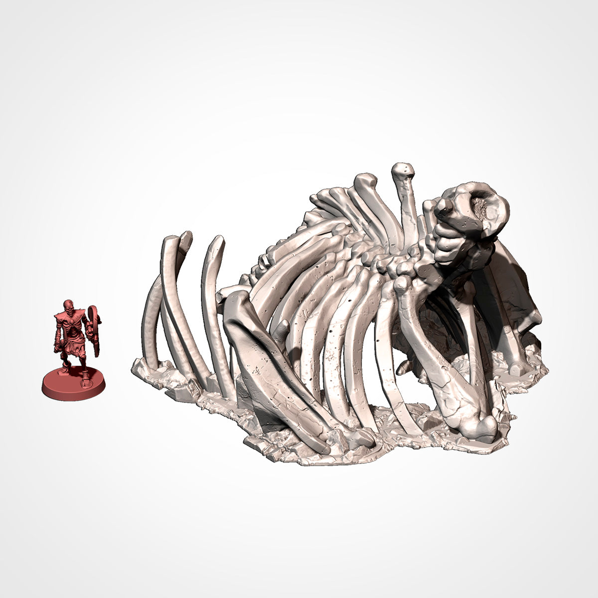 Dead giant mammoth ribcage beside a 32mm miniature, scatter terrain.
