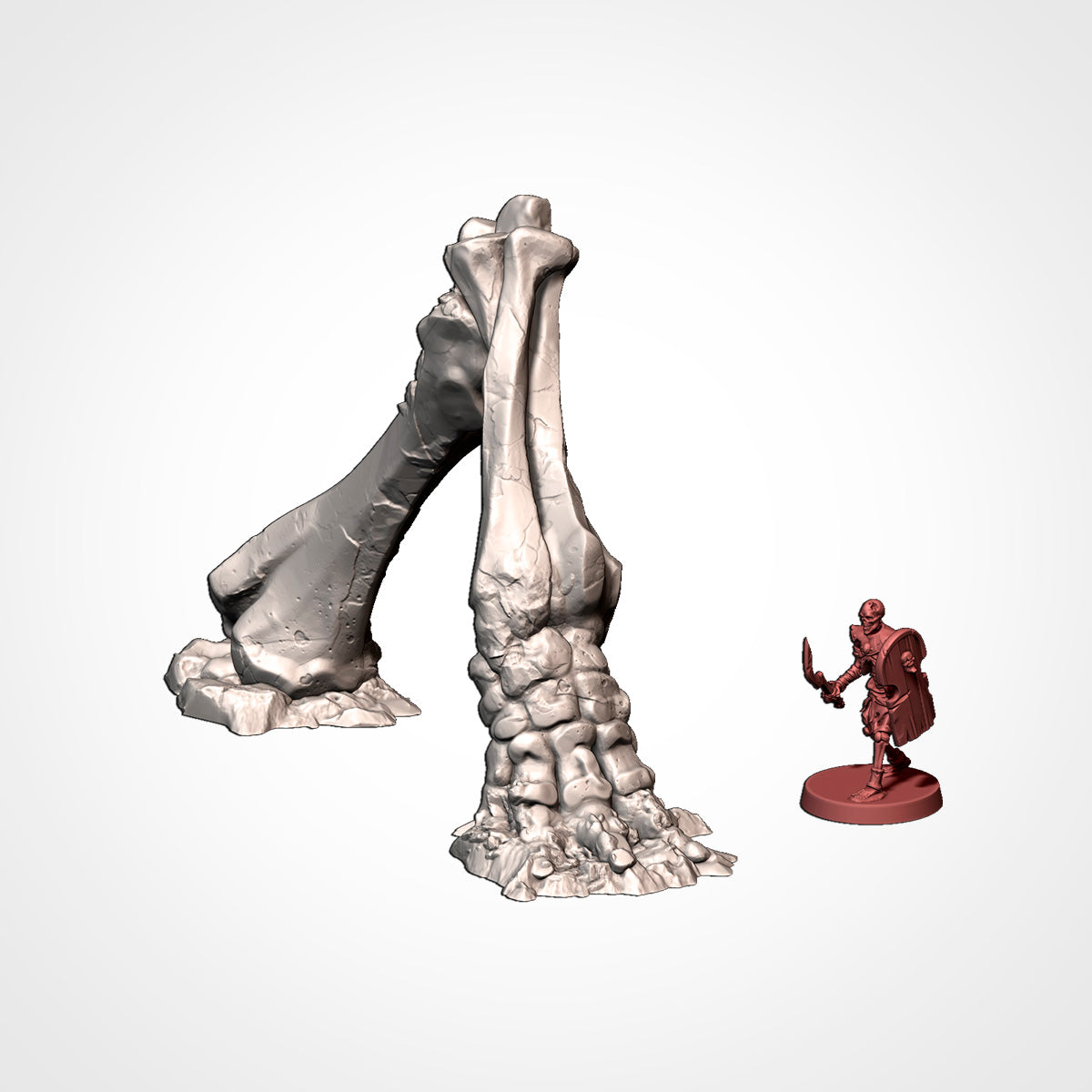 Dead giant mammoth leg bones beside a 32mm miniature, scatter terrain.