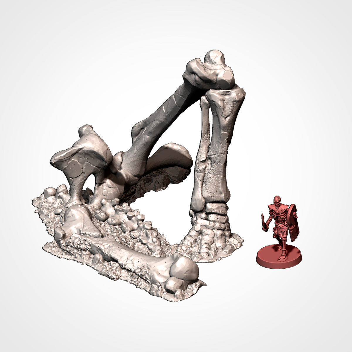 Dead giant mammoth leg bones beside a 32mm miniature, wilderness terrain.