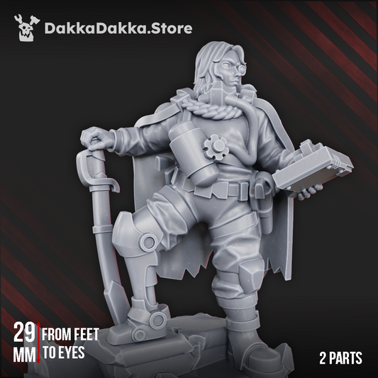 Render of M. Barrett the Ratt | 32mm Sci-Fi Renegade Commander | Resin HQ: She carries the trophy cloak of the lord she overthrew, the renegade ruler of a penal colony. 3D printed resin miniature, used as a renegade commander proxy.