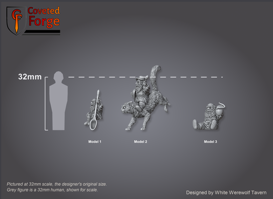 Scale reference: all three Domovoi models at 32mm scale beside a 32mm human silhouette