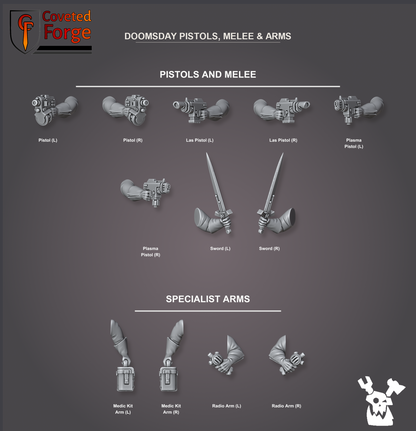 Labeled Doomsday pistol, melee and specialist arm bits: pistols, las pistols, plasma pistols, swords, medic kit arms and radio arms