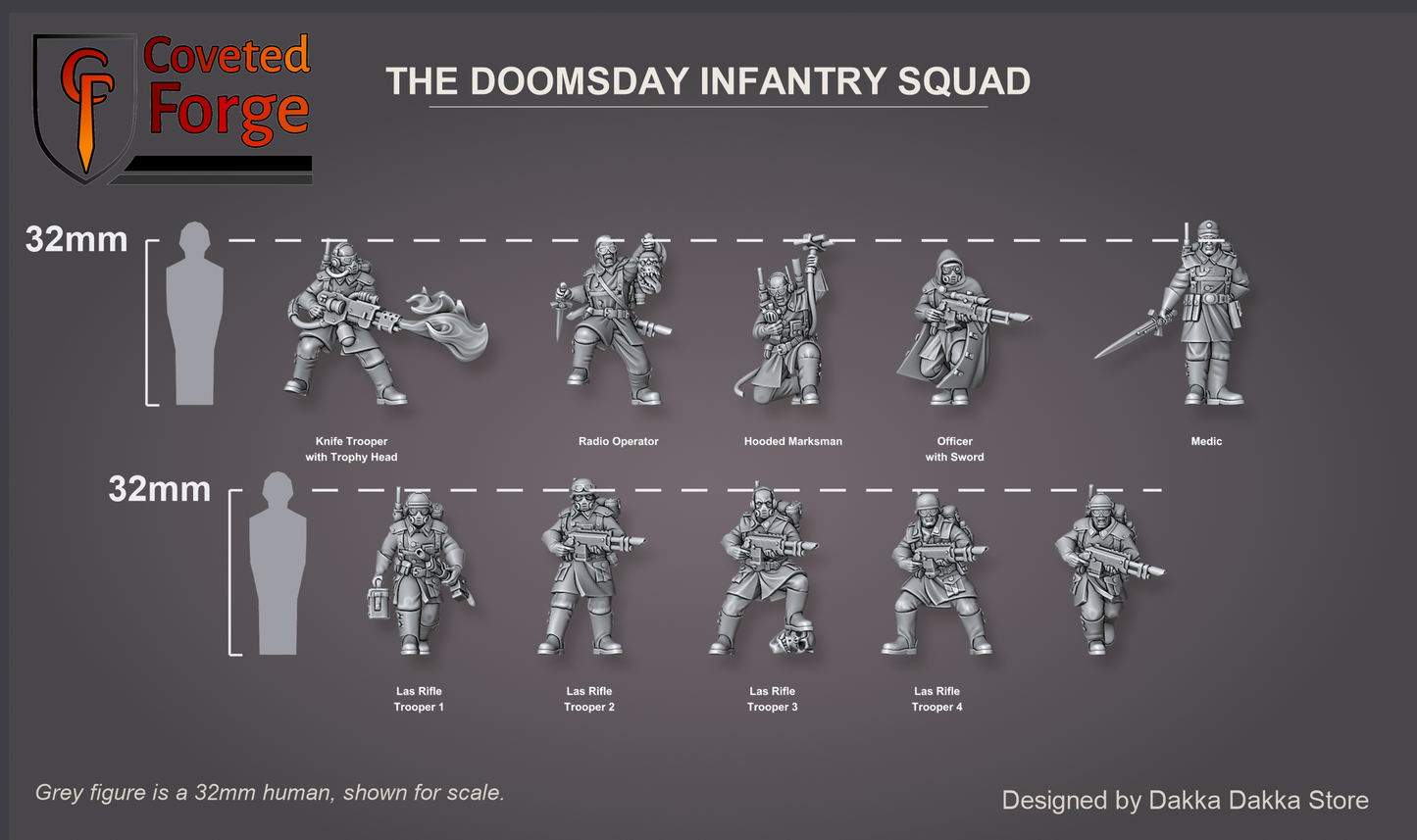 All ten Doomsday troopers labelled by name, shown at 32mm scale beside a 32mm human reference figure