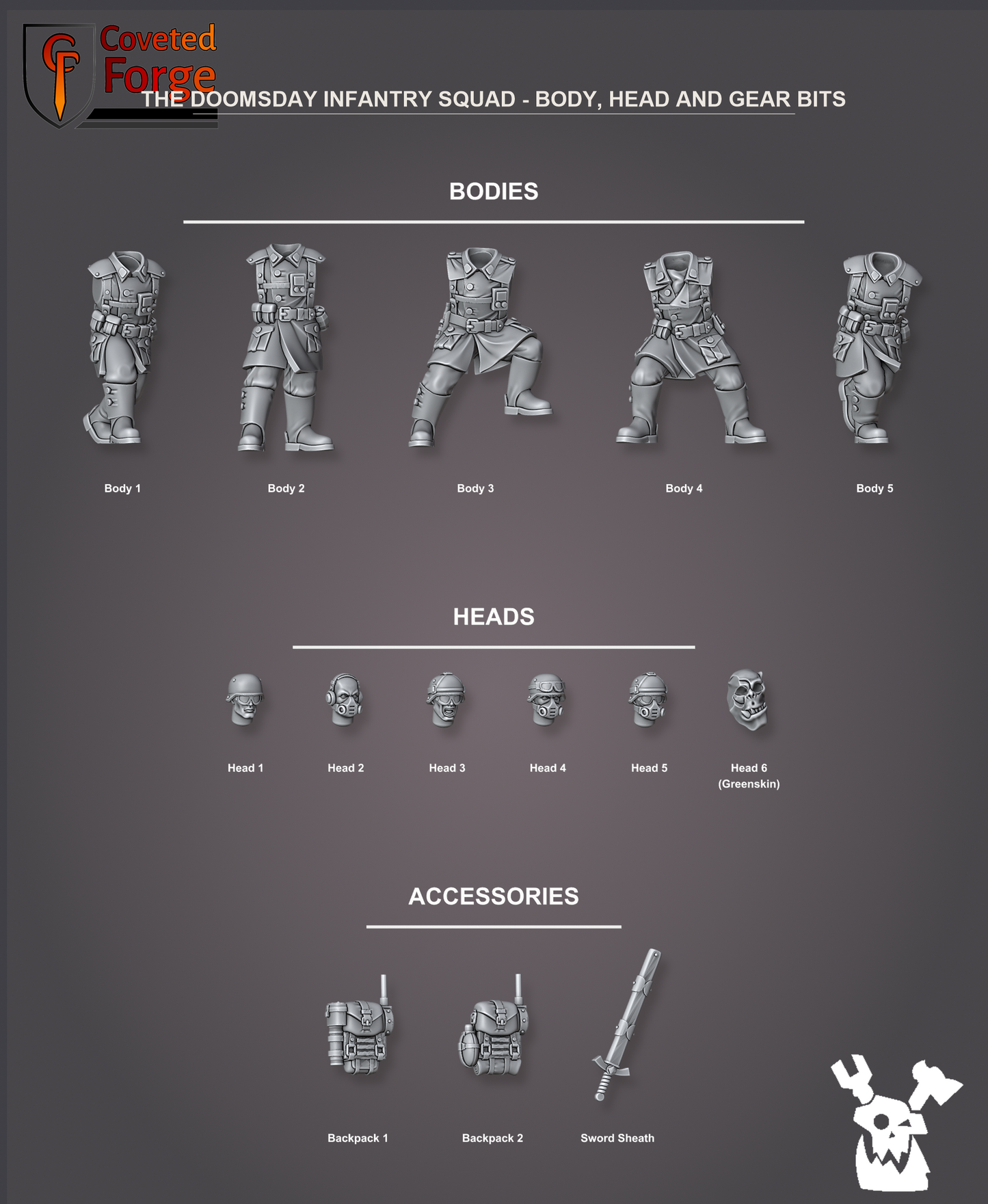 Labeled body, head and gear bits, five greatcoat bodies, six heads including a greenskin head, two backpacks and a sword sheath