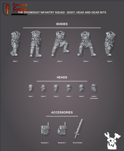 Labeled body, head and gear bits, five greatcoat bodies, six heads including a greenskin head, two backpacks and a sword sheath