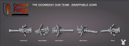 The five swappable gun options for the Doomsday wheeled gun team, shown as loose barrels: autocannon, heavy stubber, laser cannon, stub cannon and flamer