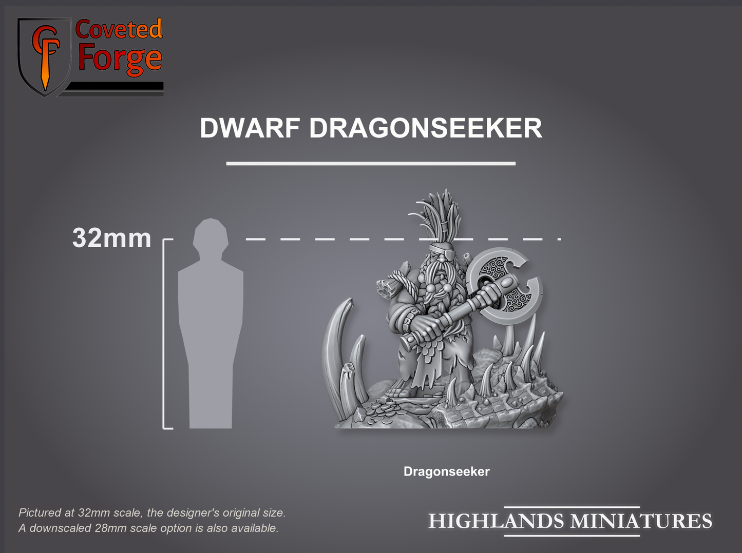 Dwarf Dragonseeker on scenic base, 32mm scale comparison