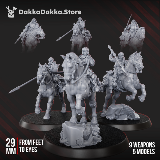 Render of Alcat Rats Assault Riders | 32mm Sci-Fi Cavalry | Rough Rider Proxy: These mounted raiders carry lances and pistols, a grimdark cavalry squad. 3D printed resin miniatures, used as an Imperial Guard Rough Rider proxy.