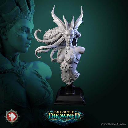 The Drowned Mother Bust, front view of the female sea witch display bust on its stepped stand, by White Werewolf Tavern