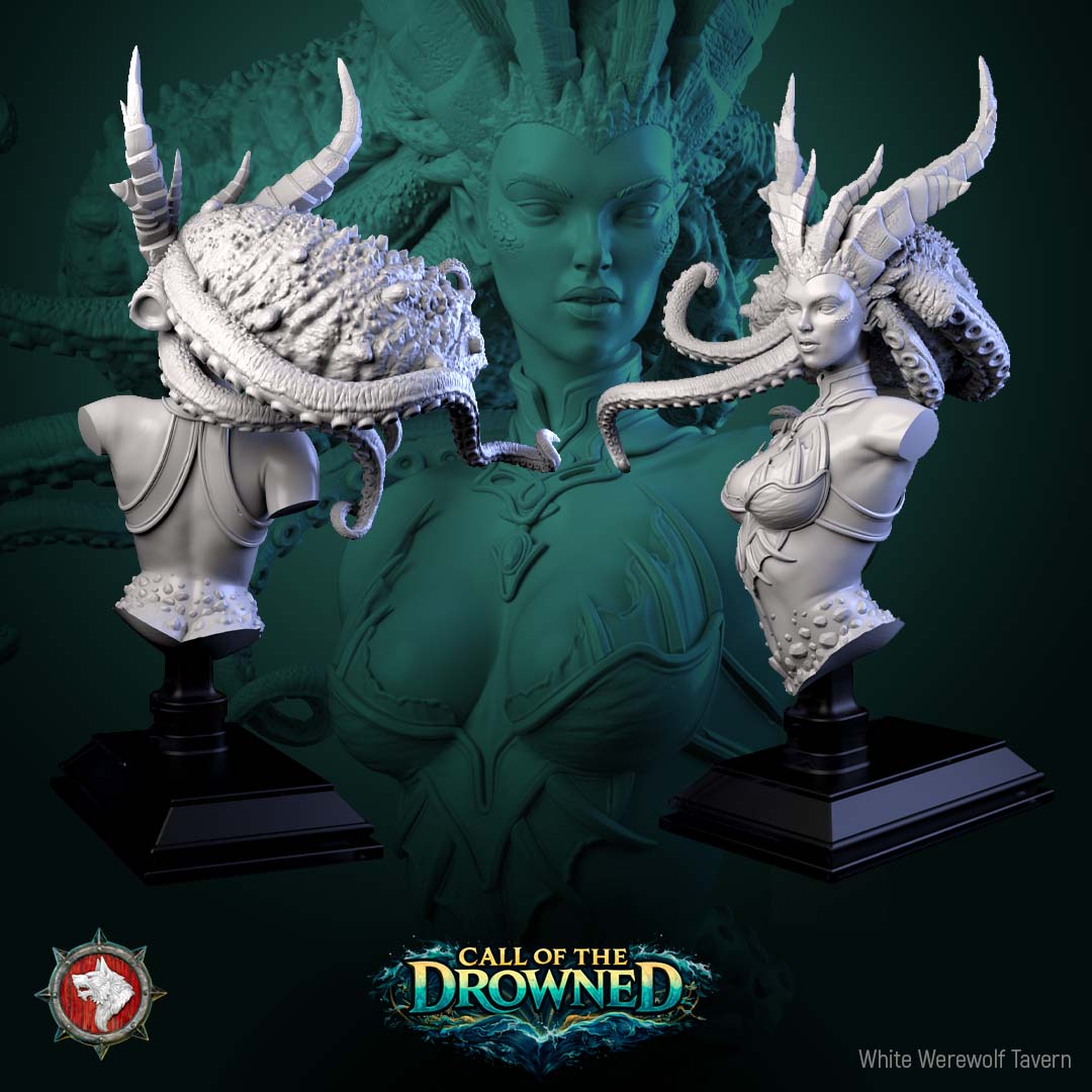 The Drowned Mother Bust, rear and three-quarter front views showing the scaled hair and trailing tentacles